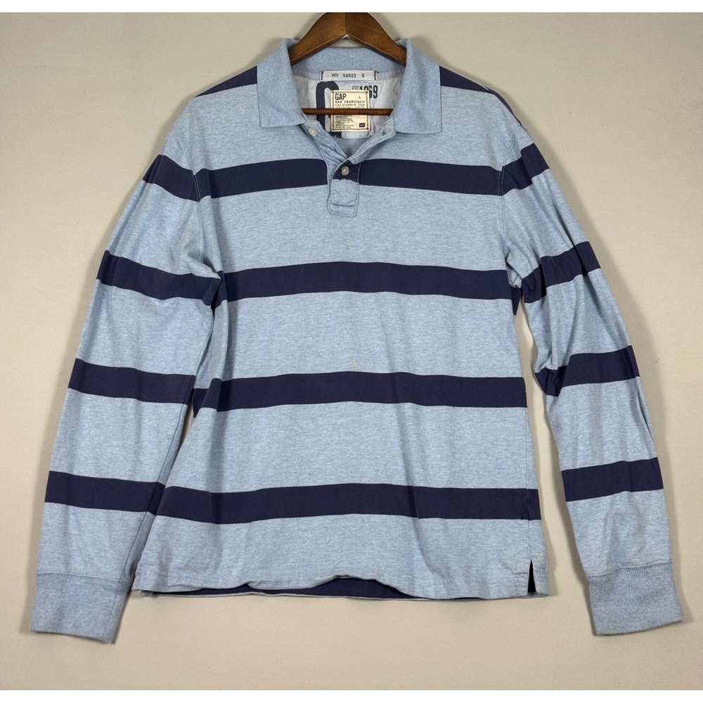Gap Polo Shirt Mens Large Blue Striped Long Sleeve Excellent Cotton Jersey